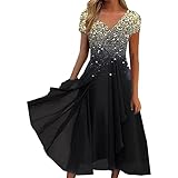 Générique Damen Etuikleid - Frauen Casual V-Ausschnitt Kurzarm Mi-Lange Kleid Bohemian Retro Blumendruck Loose Kleid für Strand Sommer Kleid Schlitz 2 Seiten, A-le Schwarz, XXXXXL