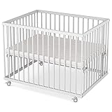 Sämann Laufstall Baby 75x100 cm mit Matratze | TÜV geprüft 2023 | stufenlos höhenverstellbar | Laufgitter Premium | Babybett aus Holz | Krabbelgitter Komplettset weiß