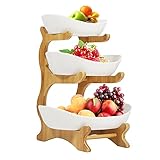 BJTDLLX Obst Etagere 3 Etagen, Obstschale Keramik 3 Stöckig Porzellan Obstteller, Obstkorb Etagere mit Natürlichem Bambus Ständer Serviertelle für Obst, Kuchen, Süßigkeiten | EU Stock (Weiß)
