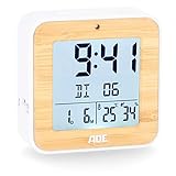 ADE Funkwecker digital mit Batterie | 2 Weckzeiten | Temperaturanzeige | Luftfeuchtigkeit | Gehäuse mit echtem Bambus | Reisewecker | Funkuhr mit DCF Zeitsignal | Schlummerfunktion