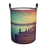 Wäschekorb aus Holz, Pier bei Sonnenuntergang, rund, faltbar, Aufbewahrungskorb mit Griffen, großes Fassungsvermögen, für Wohnzimmer, Schlafzimmer, 62 l