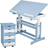 TecTake 800062 Schreibtisch mit Rollcontainer, Schreibtisch neig- & höhenverstellbar, Rollcontainer mit 6 Schubladen (Blau | Nr. 401241)