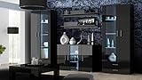 Wohnwand SOHO 10 mit Blauer LED Beleuchtung, Anbauwand, Wohnzimmerschrank, Schrankwand, Vitrine, Lowboard, Hängeregal (Schwarz/Schwarz Hochglanz)