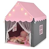 DREAMADE Kinderspielzelt Spielzelt für Kinder mit gepolsterter Decke und Lichterkette, Kinder Spielhaus mit Netzvorhang und Fenstern, Kinderzelt für Jungs & Mädchen, für Indoor und Outdoor (Rosa)