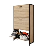 ORGANIZE Schuhschrank 18 Paar – Schrank mit großer Kapazität für Eingangsbereich, Flur – Industrie-Design – 60 x 24 x 113 cm – helles Holz, Gestell aus Metall, schwarz