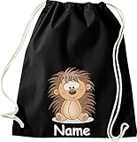 Shirtinstyle Turnbeutel, Tiere Igel mit Wunschnamen, Kinder, Stoffbeutel, Kinderrucksack, Jute, Gymsack, Farbe Schwarz