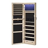 SONGMICS Schmuckschrank hängend, Wandspiegel, 6 LED-Glühbirnen, abschließbarer Spiegelschrank, Wandschrank, Wandmontage, an der Tür hängend, eichenfarben JJC093M01