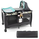 DREAMADE 4 in 1 Reisebett mit Matratze 120 x 60 cm, Babybett mit Rollen, Wickelauflage & Wiege, Klappbares Beistellbett Baby 0-36 Monate bis 15 kg (Blau)