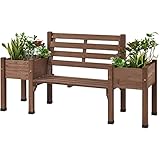 Yaheetech Gartenbank mit Blumenkasten, Holzbank Sitzbank mit Lehne & Pflanzkasten aus Massivholz Wetterfest Hochbeet Outdoor Parkbank für Garten Balkon, Braun 188 × 59,5 × 97,5 cm