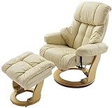 Robas Lund Sessel Leder Relaxsessel TV Sessel mit Hocker bis 130 Kg, Fernsehsessel Echtleder creme, Calgary, 91 x 90 x 104 cm
