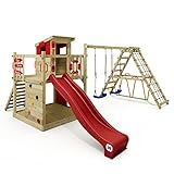 WICKEY Spielturm Klettergerüst Smart Surf mit Schaukel & Roter Rutsche, Outdoor Kinder Kletterturm mit Sandkasten, Leiter & Spiel-Zubehör für den Garten