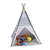 Relaxdays 10035300 Tipi Zelt für Kinder, mit Boden, Kinderzimmer Zelt, Wigwam Kinderzelt, HxBxT: 150 x 120 x 120 cm, weiß-grau