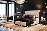 TRADA Imperial Boxspringbett Luxus Hotelbett in Schlafzimmer mit Matratze Lederbett (Schwarz Leder + Beige Velvet, 140 x 200 cm)