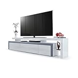 Vladon TV Board Lowboard Leon V3, Korpus und Überbau in Weiß Hochglanz/Front in Weiß Hochglanz mit Rahmen in Grau Hochglanz