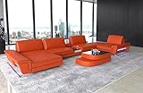 Wohnlandschaft Bari in Leder mit USB-Anschluss Steckdosen Sofa mit Kopfstützen Ledersofa Designersofa U Form Couch (Ottomane Links (auf Sofa blickend), Orange-Schwarz)