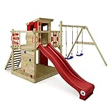 WICKEY Spielturm Klettergerüst Smart Camp mit Schaukel & roter Rutsche, Outdoor Kinder Kletterturm mit Sandkasten, Leiter & Spiel-Zubehör für den Garten