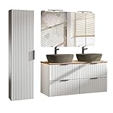 Lomadox Badmöbel Komplett Set matt weiß gerillt mit Eiche, 120 cm Doppel Waschtisch-Unterschrank mit 2 Keramik-Waschbecken, Spiegel mit LED-Beleuchtung, Hochschrank