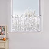 Yujiao Mao Scheibengardine mit Schlaufen Zweigen Muster Goldfoliendruck Naturstil Bistrogardine für kleine Fenster 1 Stück,Silber HxB 30x90cm