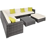 TecTake Poly Rattan Lounge Outdoor, Garten Loungemöbel Set für 6 Personen, Sitzgruppe aus 6er Sofa mit Tisch, Gartenmöbel wetterfest inkl. Hocker und Kissen - grau