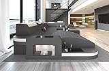Wohnlandschaft Wave U Form Sofa in Leder - mit LED Beleuchtung, verstellbare Kopfstützen, Recamiere/Lederfarben wählbar/Ausrichtung wählbar (Ottomane Links, Grau-Weiß)