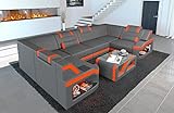 Sofa Wohnlandschaft Padua Ledersofa U Form - mit LED Beleuchtung, verstellbare Kopfstützen/Lederfarben wählbar (Grau-Orange)