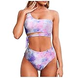 Azruma Damen Bikini Set Retro Bauchweg Bademode Zweiteiliger Badeanzug One Shoulder Bikinioberteil High Waist Badehose Mode Leopard Swimsuit Elegant Asymmetrischer Monokini Beachwear Strandbikini