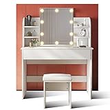 SUNXURY Schminktisch mit Beleuchtung und Hocker Led Spiegel Weiß Teenager Mädchen Damen Kosmetiktisch Schubladen Stuhl 108x40x140cm Make Up Dressing Vanity Table