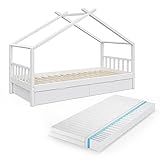 VitaliSpa Design Kinderbett Babybett Jugendbett Hausbett mit Schublade Lattenrost (90 x 200 cm + Matratze, White)