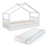 VitaliSpa Design Kinderbett Babybett Jugendbett Hausbett mit Schublade Lattenrost (90 x 200 cm + Matratze, White)