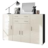 Vladon Highboard Anrichte Aron mit 8 Fächern und 2 Schubladen 166,5 x 106,5 x 35 cm, Korpus in Anthrazit matt/Fronten in Creme Hochglanz