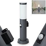 Außenwegeleuchte Sessa mit Bewegungsmelder u. Steckdose, moderne Sockelleuchte aus Metall/Kunststoff in Anthrazit/Weiß, Wegeleuchte 45,5 cm, Gartenlampe E27, Gartenbeleuchtung IP44, ohne Leuchtmittel