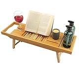 USEA Badewannenablage Bambus - Wannenablage Holz für Bett & Badewanne - ausziehbares Badewannenbrett mit Kerzen-, Weinglas-, Buch- & Tablethalterung