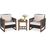 COSTWAY 3er Set Gartenmöbel Rattan Möbel, Balkonset inkl. Tisch aus Holz und Stühle, Polyrattan Lounge Set mit waschbaren Sitzkissen, Sitzgarnitur Outdoor, Sitzgruppe Terrasse Garten Balkon