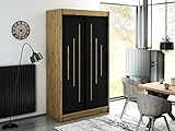 MINIO go for it - Schiebetürenschrank LETO I 120x200x62 cm I 2 Stangen und Einlegeböden I Kleiderschrank aus Laminierter Platte I Farbe Artisan Eiche und Schwarz Matt I Aluminiumführungen