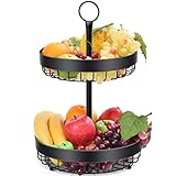 APEXCHASER Obst Etagere, 2 Stöckig Obst Etagere, Obstkorb aus Metall, Obstschale, Gemüse Halter für Küche, Wohnzimmer, Badezimmer, Schwarz