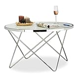 Relaxdays Beistelltisch Glas Large, Chrom, Milchglas, Couchtisch, Kaffeetisch, edel, Stahl HBT: 48 x 85 x 85 cm, silber