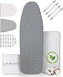 lamodo® - Bügelbrettbezug 120x40 für Dampfbügeleisen aus 100% Baumwolle mit extra Dicker Polsterung inkl. Bügeltuch - Gummizug und Spannern + Bügeltipps - M