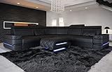 Ledersofa Positano in L-Form als Ecksofa mit LED Beleuchtung Couch mit Kopfstützen modernes Sofa (Black)