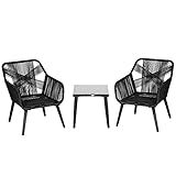 Outsunny 3-TLG. Gartenmöbel Set, Rattan Balkonmöbel, inkl. Tisch und 2 Stühle, mit verstellbaren Füßen, Gartensitzgruppe für Terrasse, Balkon, Stahl, PE-Rattan, Schwarz