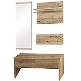 Natsen 4tlg. Kompaktgarderobe Flurgarderobe Wandgarderobe Holz Garderobenset, 1 Sitzbank + 1 Wandspiegel +2 Garderobenpanel, für Diele Flur Wohnzimmer Büro