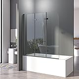 Duschwand für Badewanne Faltbar 120 x 140 cm 3 teilig Faltbar mit 6mm Sicherheitsglas NANO Beschichtung Faltwand,Schwarz Aluminiumrahmen, leicht zu Reinigen