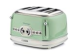 Ariete Vintage 156, 4-Scheiben-Toaster, Retro Toaster mit 6 Toaststufen, Automatischer Auswurf, Auftaufunktion, Herausnehmbares Krümelfach, Gehäuse aus Edelstahl, 1600W, Grün