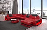 Wohnlandschaft Berlin U Form Leder mit Kopfstützen Sofa mit LED Beleuchtung Moderne Couch (Ottomane rechts, Rot-Schwarz)