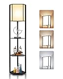 smartdemo Stehlampe Wohnzimmer, Stehlampe mit Regal aus Holz, 3 Farbtemperaturen 3000-6000K, Stoffschirm in weiß, inkl. E27 Glühbirne, Schwarz Moderne Stehleuchte für Wohnzimmer, Schlafzimmer, Büro