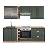 Vicco Küchenzeile Küchenblock Einbauküche Fame-Line 235 cm Landhaus Küchen Schränke Hängeglasschrank Hängeschrank Schubladenunterschrank Spülenunterschrank Herdumbauschrank (Eiche-Grün-Gold)