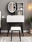 GRFIT Makeup Vanity Schminktisch, Beistelltisch mit Schublade, Aufbewahrungsregalen, gepolstertem Hocker und Spiegel für Frauen, Mädchen, Schlafzimmer, Badezimmer