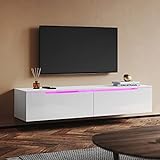 SUNXURY TV Board TV Lowboard Hängend mit LED Beleuchtung, TV Schrank Hochglanz Weiß 140 x 35 x 30 cm Holz Wohnzimmer