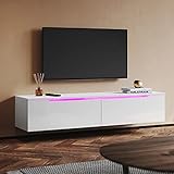 SUNXURY TV Board TV Lowboard Hängend mit LED Beleuchtung, TV Schrank Hochglanz Weiß 140 x 35 x 30 cm Holz Wohnzimmer