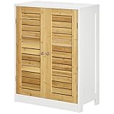 kleankin Badezimmerschrank Badschrank Mehrzweckschrank mit verstellbarem Einlegeboden Aufbewahrungsschrank mit Türen Bademöbel mit Kippschutz MDF Weiß+Naturholz 60 x 30 x 80 cm