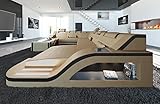 XXL Sofa Wohnlandschaft Palermo Ledersofa U Form - mit LED Beleuchtung, verstellbare Kopfstützen, Recamiere/Lederfarben wählbar/Ausrichtung wählbar (Ottomane rechts, Sandbeige-Schwarz)